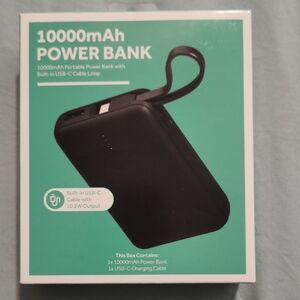 Compact Black 10000mAh Power Bank with USB-C Loop and USB-A Output